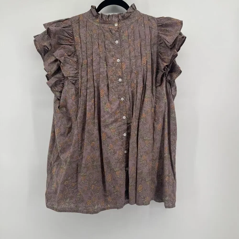 Victoria Dunn Jameson Ruffle Blouse Sz 2XL Floral Pleated Cotton Top Block Print - Picture 4 of 6